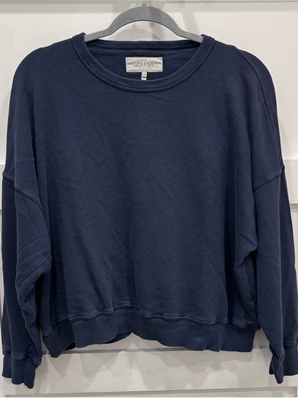 THE GREAT. Dark Cobbalt Boxy Fit 100% Cotton Crewneck Sweatshirt
